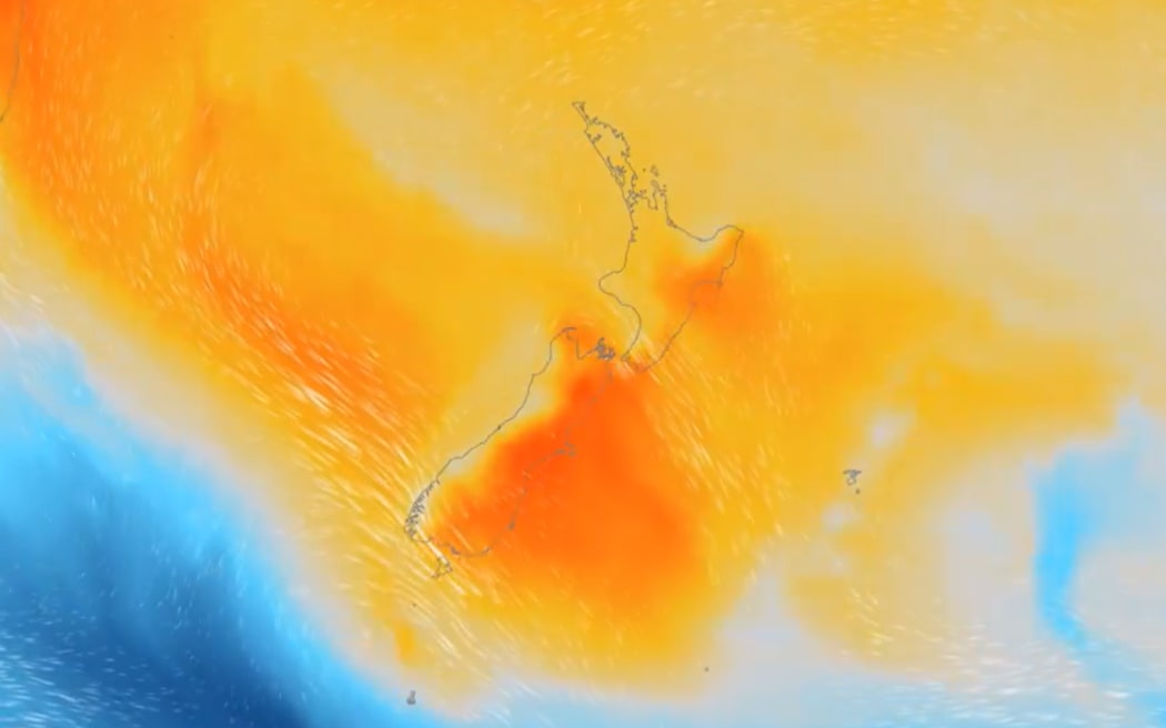 Metservice temperature map of New Zealand as the heat reaches "alert levels" on 12 December.