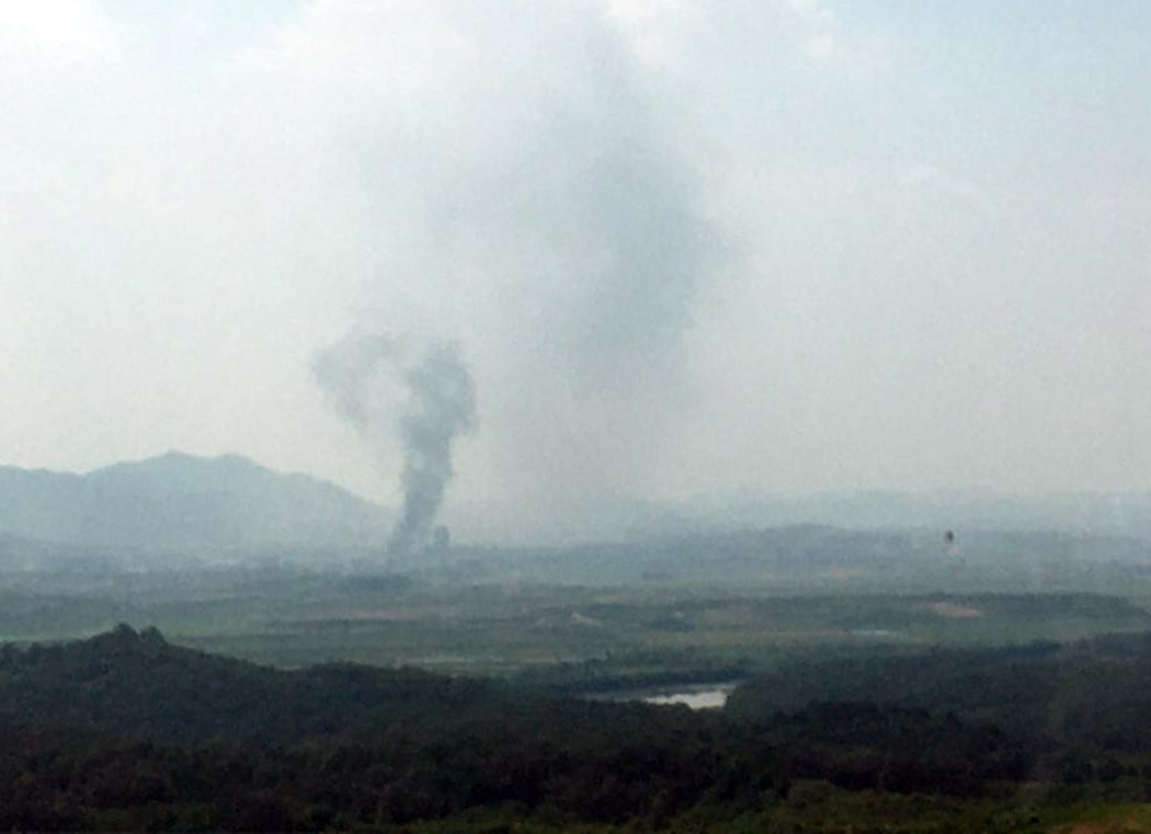 Smoke rises from North Korea's Kaesong Industrial Complex where an inter-korean liaison office was set up in 2018, as seen from South Korea's border city of Paju on June 16, 2020.