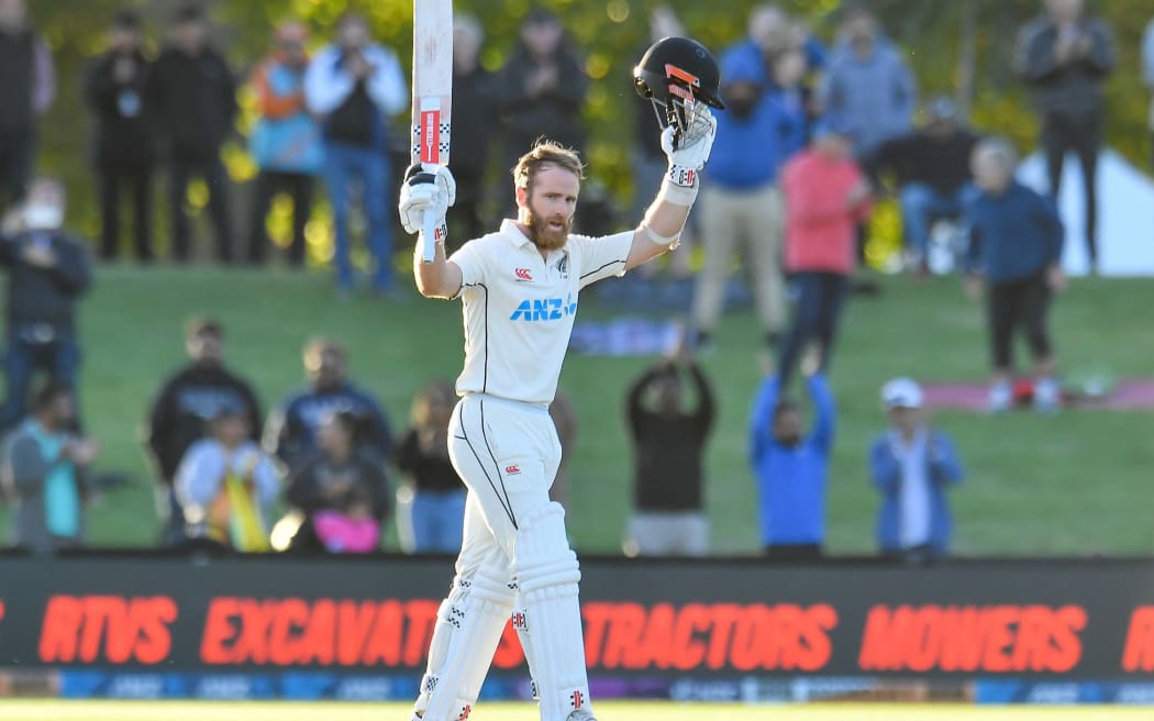 Kane Williamson of the Black Caps celebrates 100 runs during Day 5 of the first cricket test match, New Zealand Black Caps Vs Sri lanka, at Hagley Oval, Christchurch, New Zealand. 13th March 2023. © Copyright photo: John Davidson / www.photosport.nz