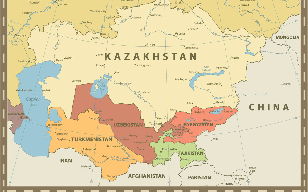 Central Asia Political Map Vintage Color. Vector illustration.