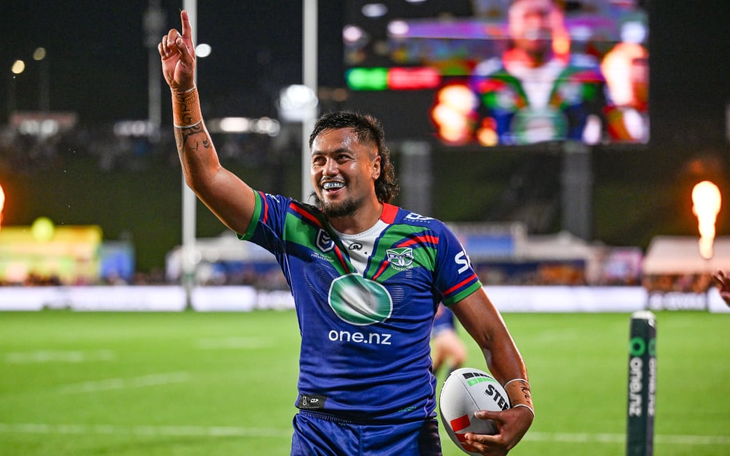 Adam Pompey of the Warriors celebrates his try, NZ Warriors v Parramatta Eels, round 26 of the 2025 Telstra NRL Premiership at Go Media Stadium, Auckland, New Zealand on Friday 29 August 2025.