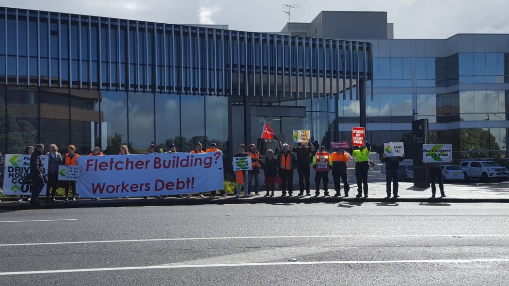 Protesters outside Fletcher Building headquarters in Auckland.
