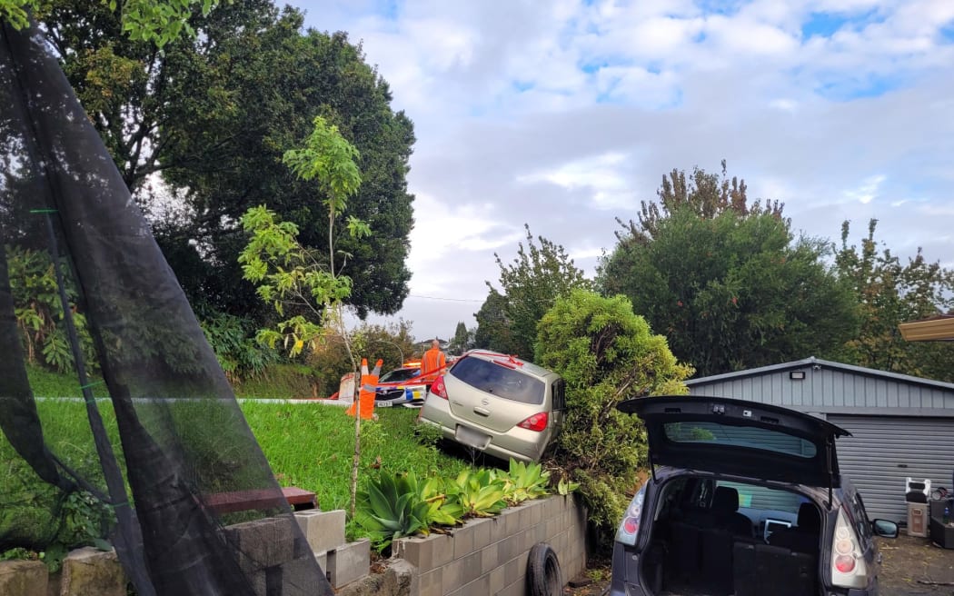 Another crash that damaged a streetlight and trees of a home in Courtney Rd in Gate Pā.
