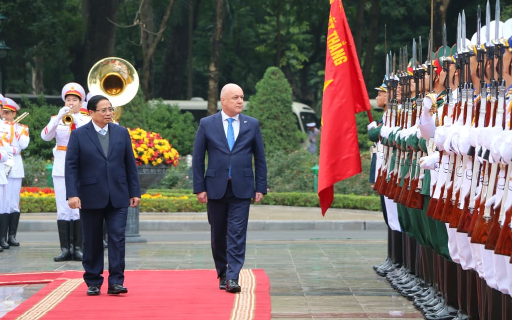 NZ PM Christopher Luxon and Vietnamese PM Pham Minh Chinh from the official welcome ceremony and guard of honour in Hanoi.