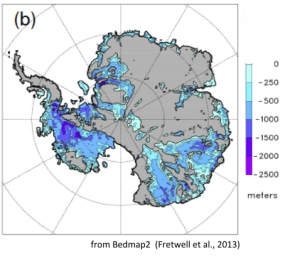 This map shows the areas of the Antarctic ice sheet that are sitting on bedrock, well below sea level.
