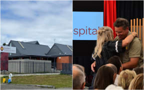 Left: The Southern Charity Hospital building. Right: Plumbing manager for the project, Karl Boniface, hugs project lead Melissa Vining at the hospital's opening.