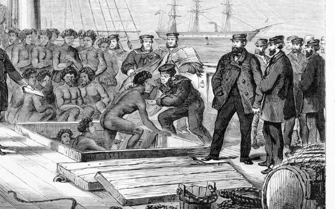 Seizure of the blackbirding schooner Daphne and its cargo by the HMS Rosario in 1869.
