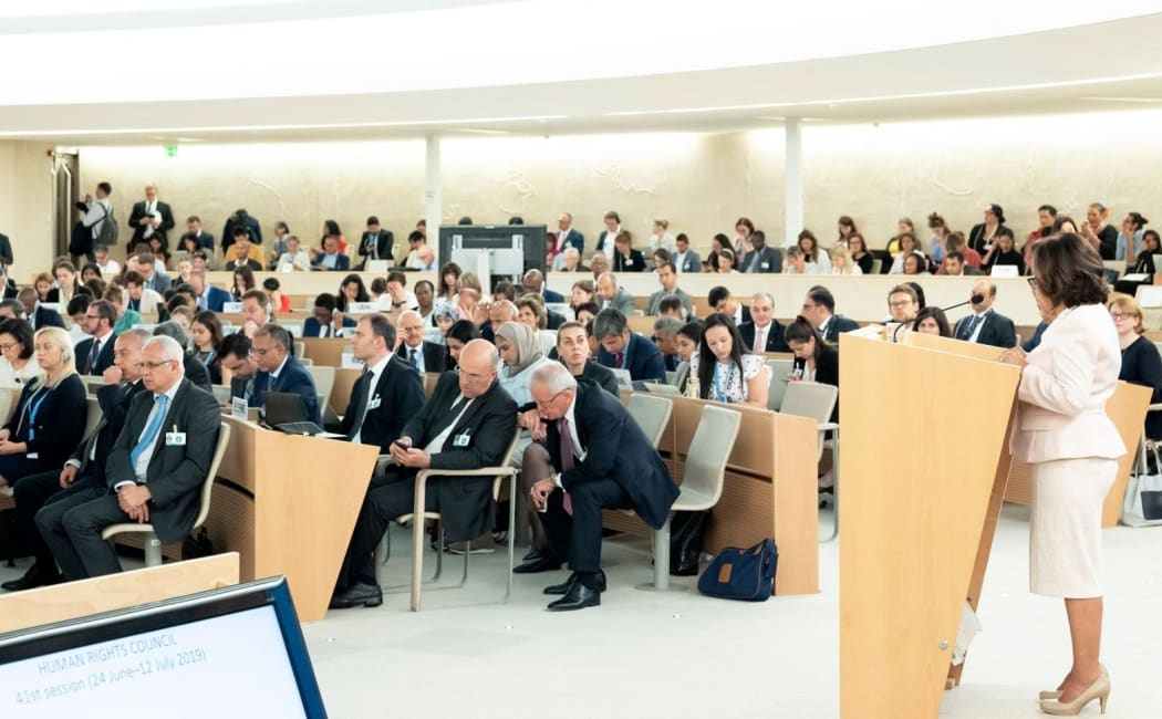Hilda Heine addresses the UN Human Rights Council in Geneva.
