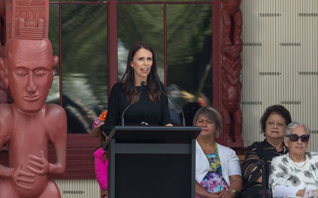 Prime Minister Jacinda Ardern speaking at Waitangi treaty grounds.