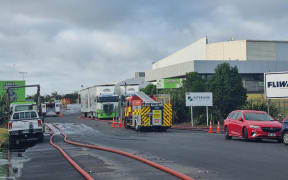 Firefighters at waste processing business Green Gorrilla in Onehunga, Auckland on 8 February, 2024.