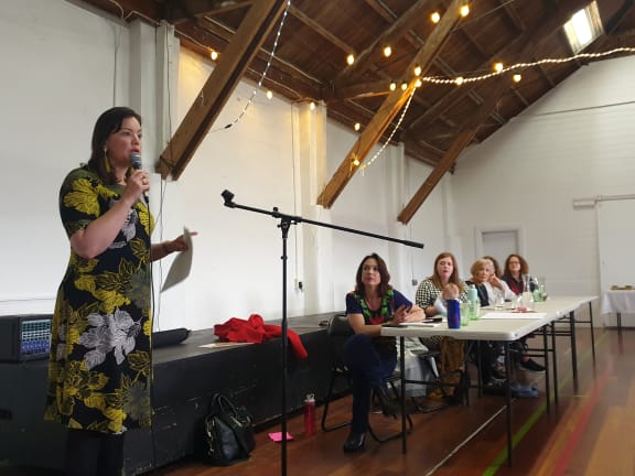 Associate Health Minister Julie Anne Genter address the crowd at the maternity care meeting in Lower Hutt.