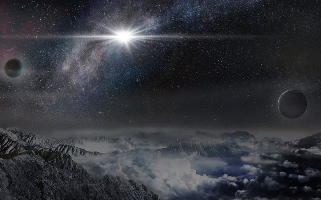 An artist's impression of the superluminous supernova ASASSN-15lh as it would appear from an exoplanet located about 10,000 light years away in the host galaxy of the supernova.