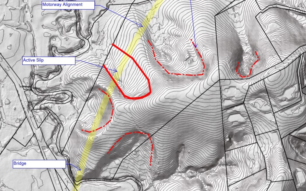 A terrain shaded GIS model picture showing the slip location near Warkworth. Engineer David Buxton said  the gullies all looked unstable.