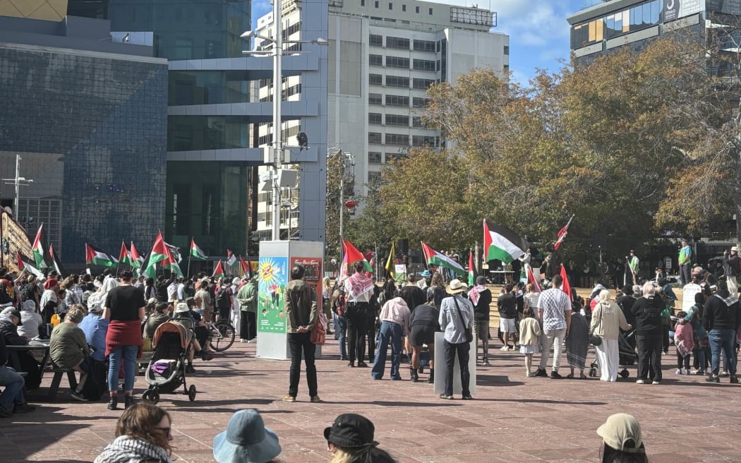 Protestors at Auckland's Aotea Square on Sunday 31 March want the New Zealand government to call for a ceasefire in Gaza.