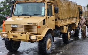 A defence force truck in Thames on Monday 13 February.