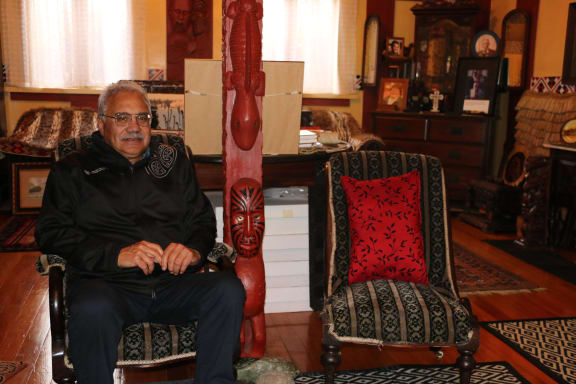 Jim inside Hinemihi whare at Whakarewarewa, 2021.