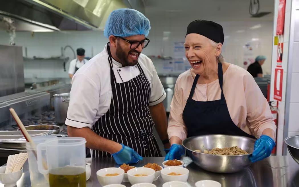 Maggie Beer shares a laugh with an aged care chef in the ABC series Maggie Beer's Big Mission.