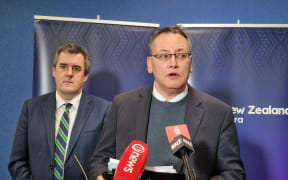 Health Minister Shane Reti, right, and Infrastructure Minister Chris Bishop speaking to media on the Dunedin Hospital redevelopment. 26 September 2024.