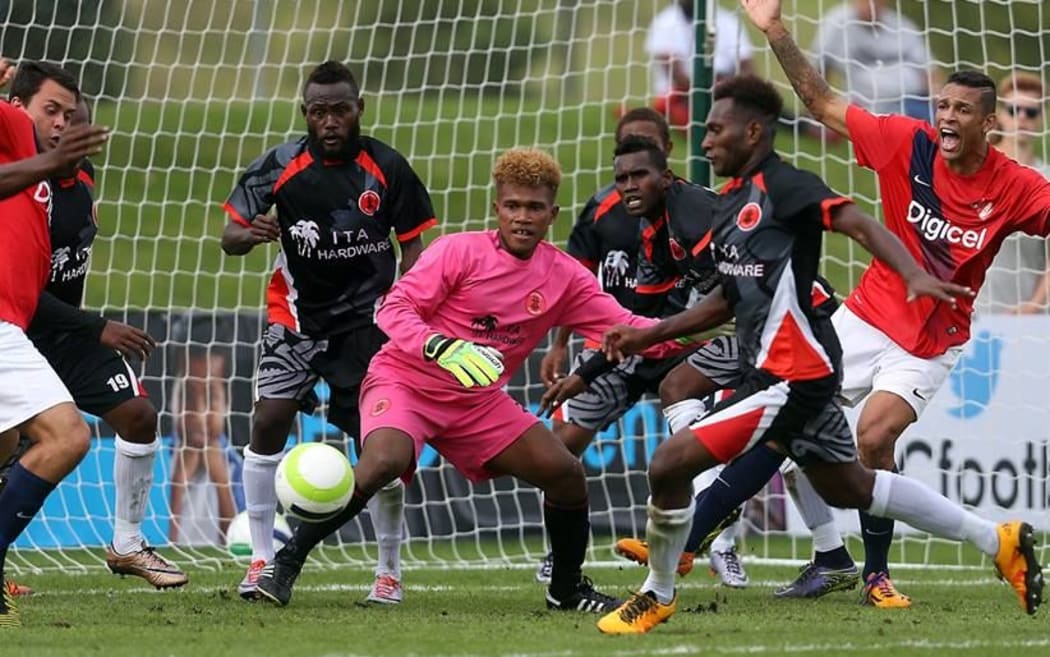 Solomon Warriors defend their goal against Amicale FC duirng the 2016 OFC Champions League.