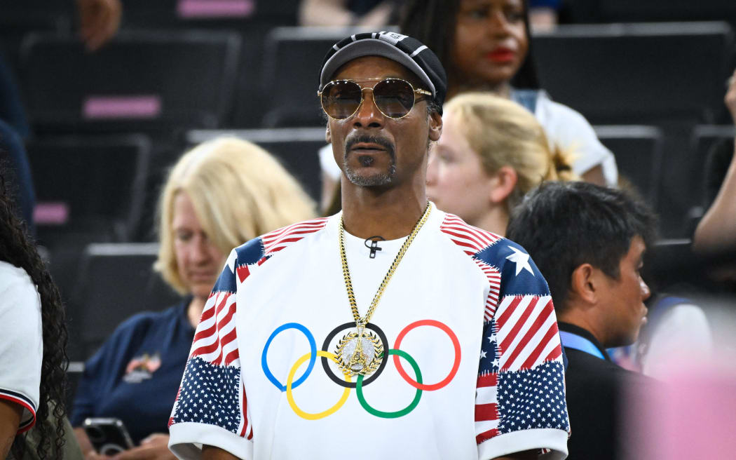 Snoop Dogg at the basketball men's quarterfinal between Brazil and United States during the Paris Olympic Games on 6 August, 2024.