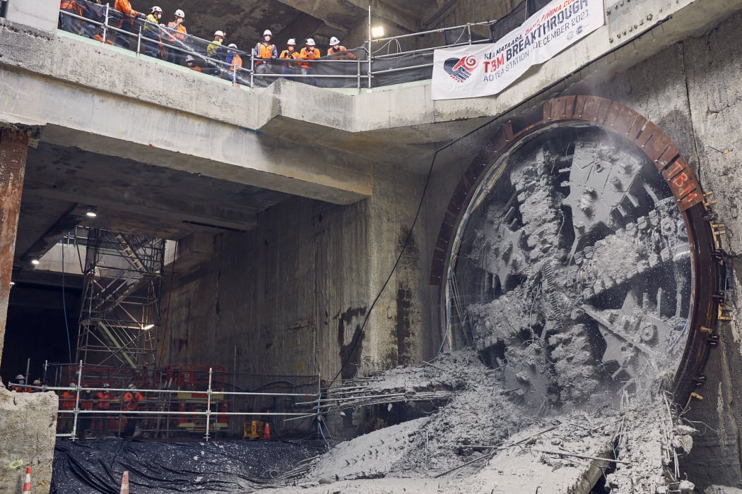 Tunnel boring machine's breakthrough at City Rail Link’s Aotea Station in Auckland’s CBD.