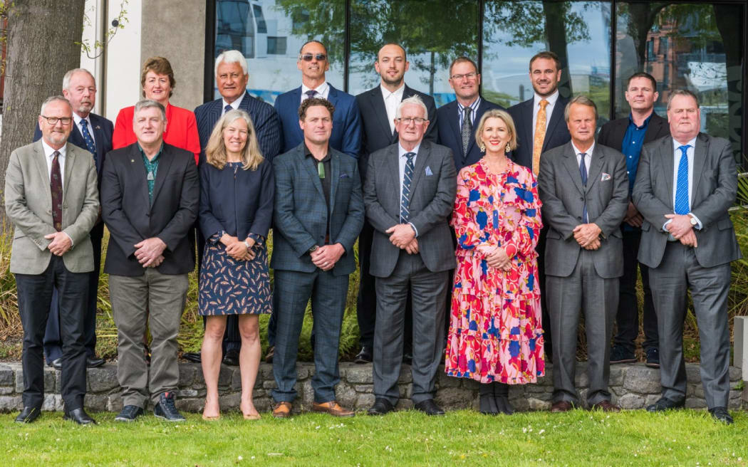 Environment Canterbury councillors David East (back, left, Christchurch North East), Claire McKay (North Canterbury), Tutehounuku Korako (Ngāi Tahu), Iaean Cranwell (Ngāi Tahu), Joe Davies (Christchurch North East), Nick Ward (South Canterbury), Deputy Chairperson Deon Swiggs (Christchurch West), Paul Dietsche (Christchurch South), Grant Edge (front, left, North Canterbury), Greg Byrnes (Christchurch Central), Vicky Southworth (Christchurch South), Chairperson Craig Pauling (Christchurch West), Peter Scott (South Canterbury), Genevieve Robinson (Christchurch Central), Ian Mackenzie
(Mid Canterbury) and John Sunckell (Mid Canterbury). Photo: Supplied by Environment Canterbury