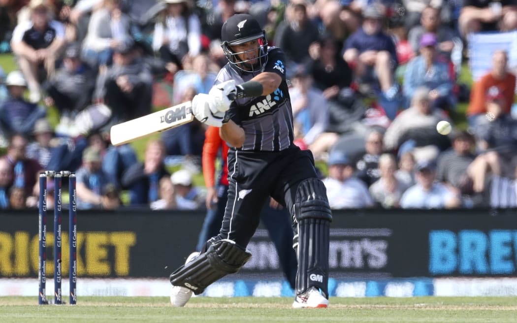Ross Taylor of New Zealand bats during the T20 International against England  at Hagley Oval in Christchurch.