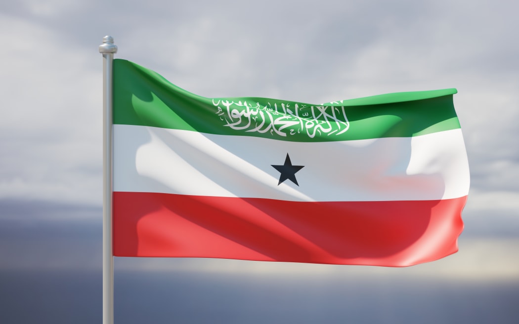 Somaliland flag waving on blue cloudy sky. Republic of Somaliland is an unrecognised country in Africa. 3d render
