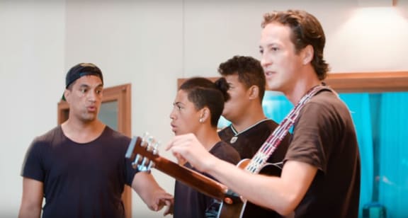 Marlon Williams with members of Te Pou Tiriao - Zion Tauamiti on the left.