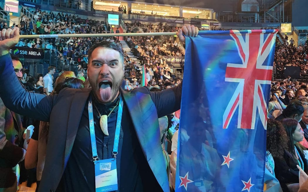 Far North Kahika (Mayor) Moko Tepania performs a pukana at the One Young World summit in Belfast. Photo: Moko Tepania