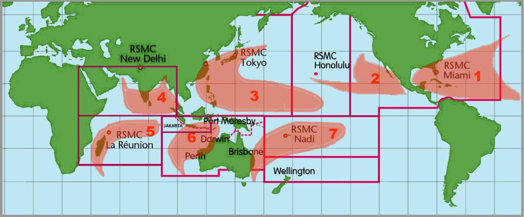 Tropical cyclone formation areas are divided into seven basins