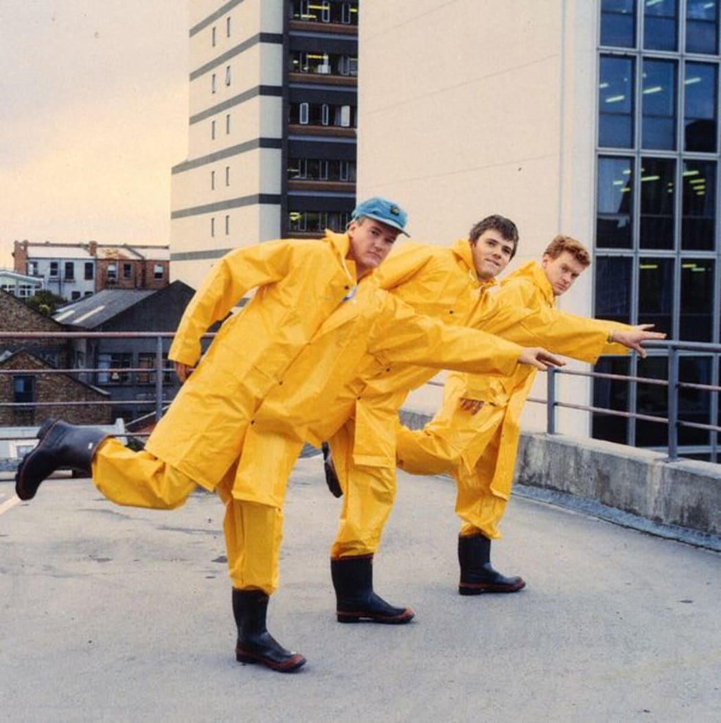 Blam Blam Blam: Mark Bell, Tim Mahon, Don McGlashan during the No Depression video shoot. On the rooftop of TVNZ Shortland Street.