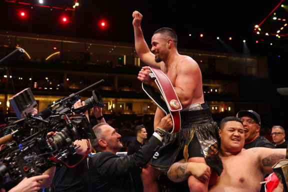 Joseph Parker celebrates victory over Zhilei Zhang (not pictured) with the title belt following the WBO Interim World Heavyweight title fight between Zhilei Zhang and Joseph Parker on the Knockout Chaos boxing card at the Kingdom Arena on March 08, 2024 in Riyadh, Saudi Arabia.
