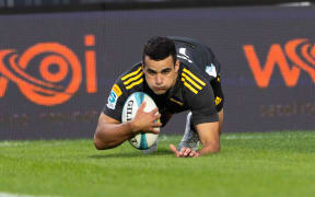 Hurricanes fullback Josh Moorby scores a try during the Super Rugby Paciﬁc - Moana Pasiﬁka v Hurricanes at Mt Smart Stadium, Auckland   25  March  2023       Photo: Brett Phibbs / www.photosport.nz