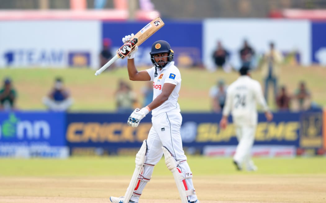 Kamindu Mendis celebrates in test test against New Zealand, 2024.