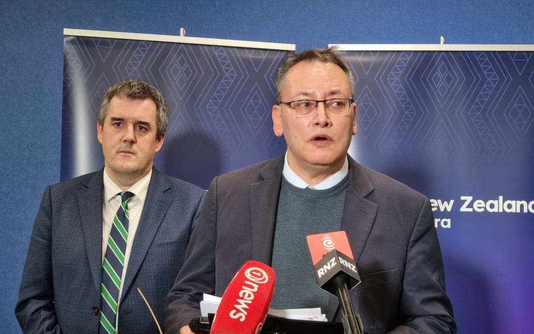 Health Minister Shane Reti, right, and Infrastructure Minister Chris Bishop speaking to media on the Dunedin Hospital redevelopment. 26 September 2024.