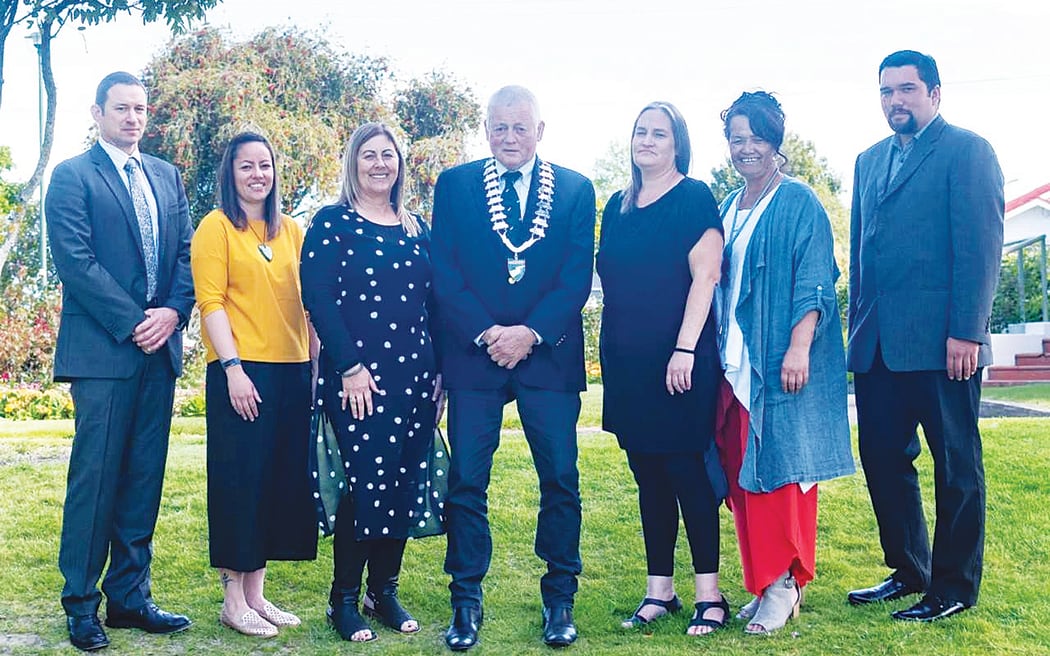 Five of Wairoa's seven elected members identify as Māori. The council is made up of Jeremy Harker, left, Melissa Kaimoana, Denise Eaglesome-Karekare, Mayor Craig Little, Danika Goldsack, Hine Flood and Chaans Tumataroa-Clarke.