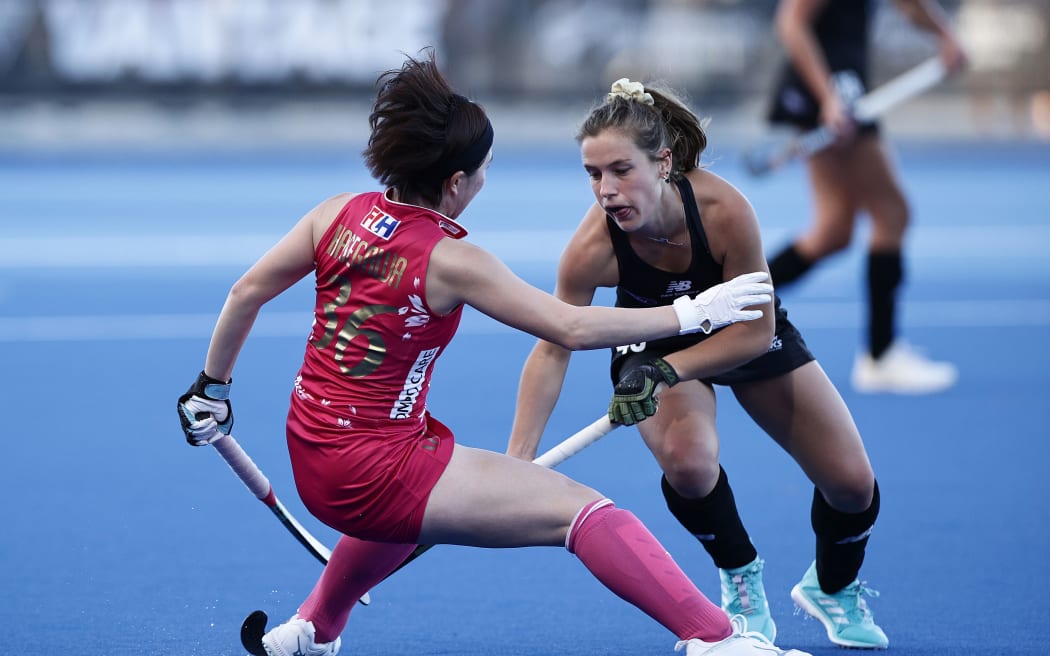 Rebecca Baker of New Zealand during the international hockey match against Japan.