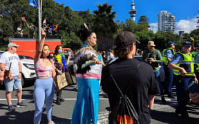 Protestors at the Posie Parker rally in Auckland.