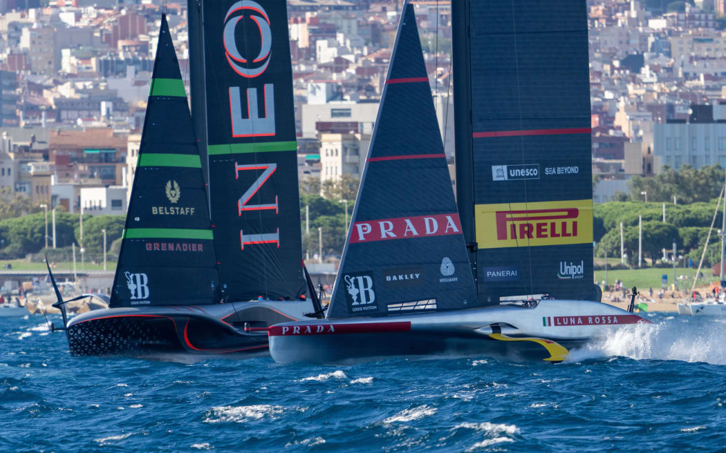 Luna Rossa of Italy and Ineos Britannia of Britain do battle during the challenger series for the 2024 America's Cup.