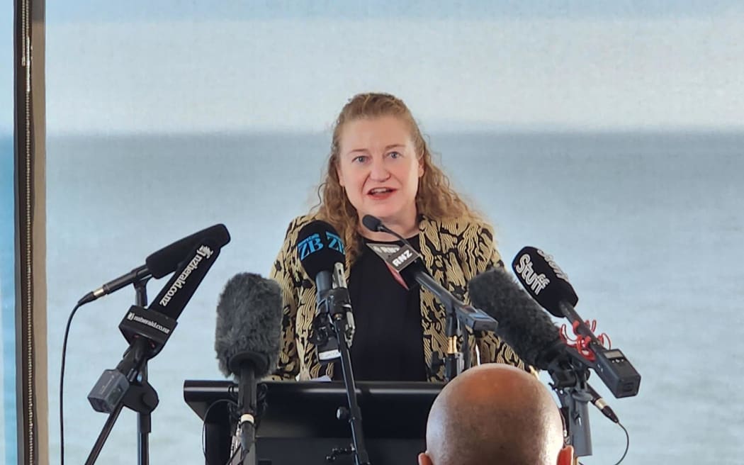 Minister for Oceans and Fisheries Rachel Brooking speaking about plans for 19 new marine protection areas for the Hauraki Gulf, 9 August 2023.