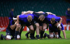 The All Blacks practice the scrum during a New Zealand All Blacks Captain's Run at Millenium Stadium