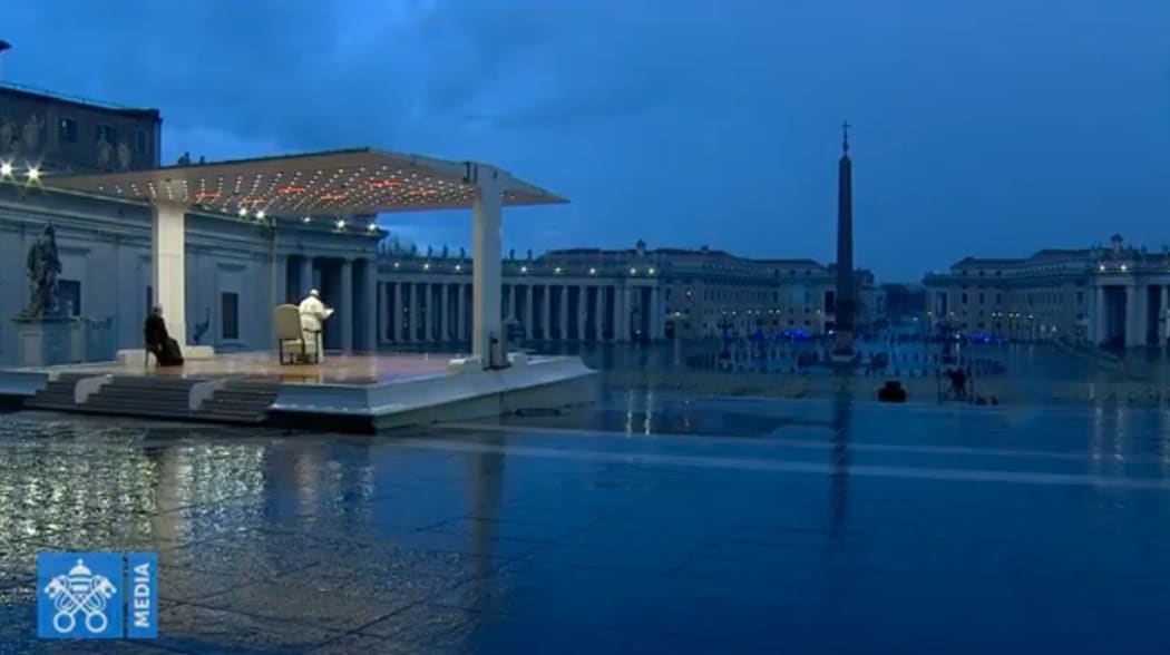 Pope Francis praying in an empty St Peter's Square, while Rome is in lockdown due to Covid-19.