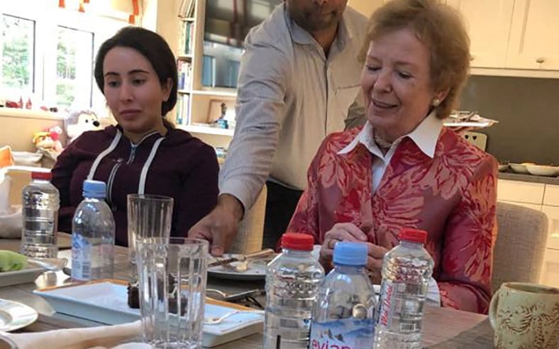Sheikha Latifa bint Mohammed bin Rashid al-Maktoum (Left) having a meal with Mary Robinson, former President of Ireland, in Dubai in 2018.