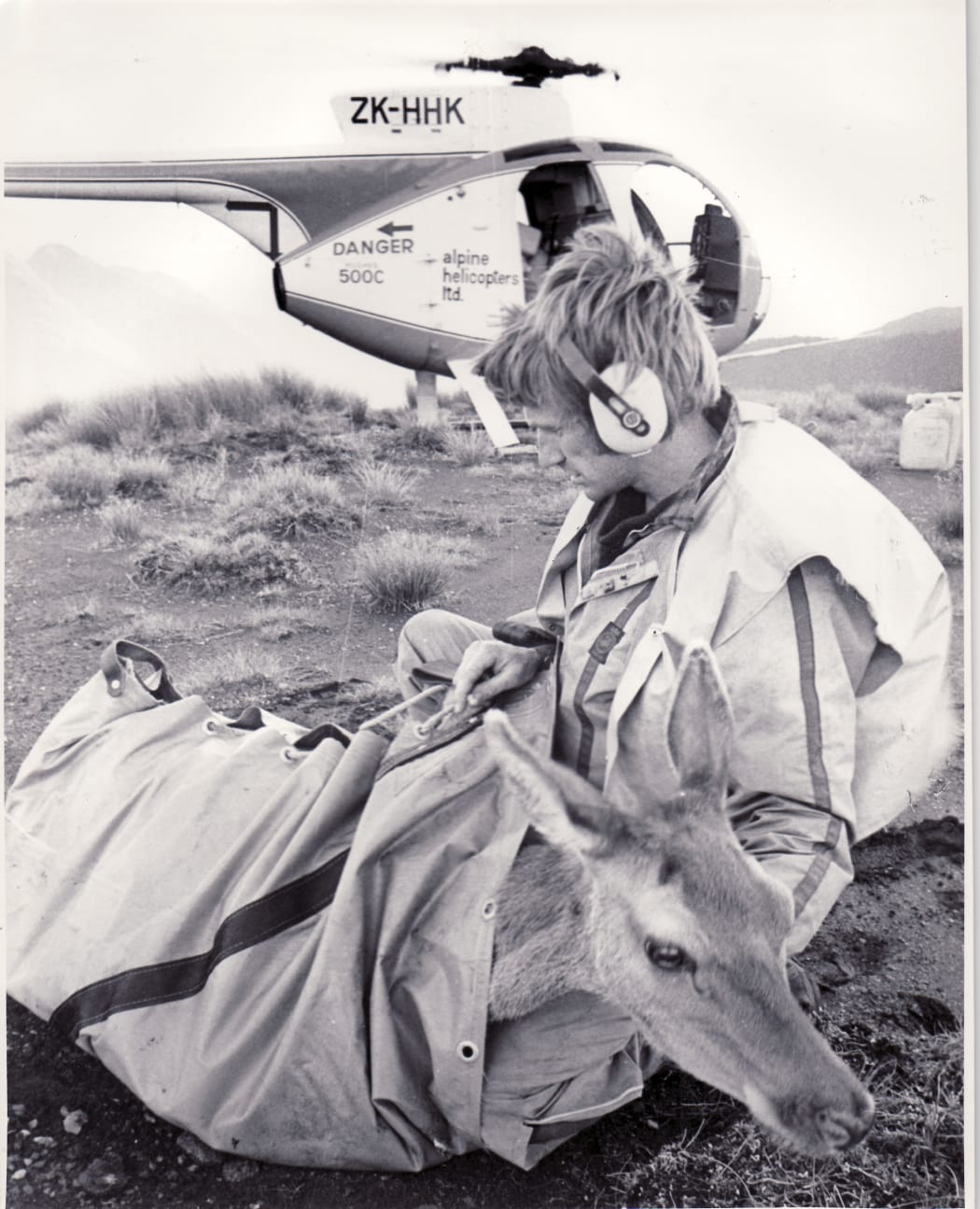 Man with live deer outside of helicopter