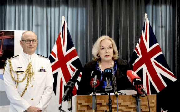 Chief of Navy, Rear Admiral Garin Golding and Defence Minister Judith Collins announce the findings of the Manawanui sinking report on Friday, 29 November 2024.