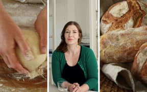 composite image of breadmaking, Breadmaker Rachel Scott and freshly baked bread.