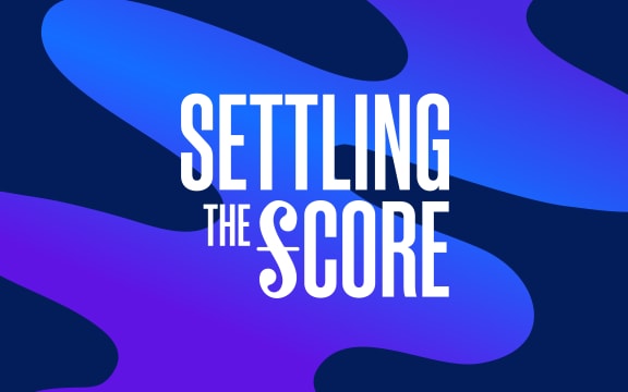 Colourful blue and purple shape over a dark blue background. Text reads "Settling the Score"