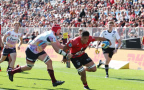 Christian Lio-Willie scores during the Super Rugby Pacific match, Crusaders v Reds, Apollo Projects Stadium, Christchurch.