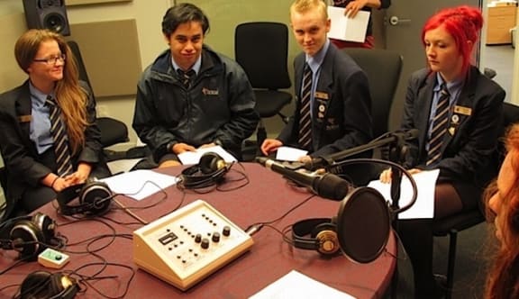 Hannah Newell, Tuukuru Tahana, Alex Zorn, Joni Palmer and Nicola Fagan, all students at Aranui High School, gather in Radio New Zealand’s Christchurch studio to interview climate scientists from Lincoln and Victoria universities and GNS Science.
